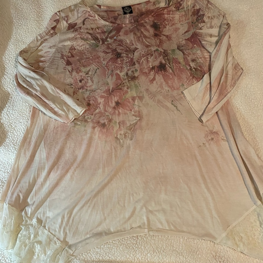 Alstyle Tan and Pink Ruffled Asymmetrical Tunic Size 3x